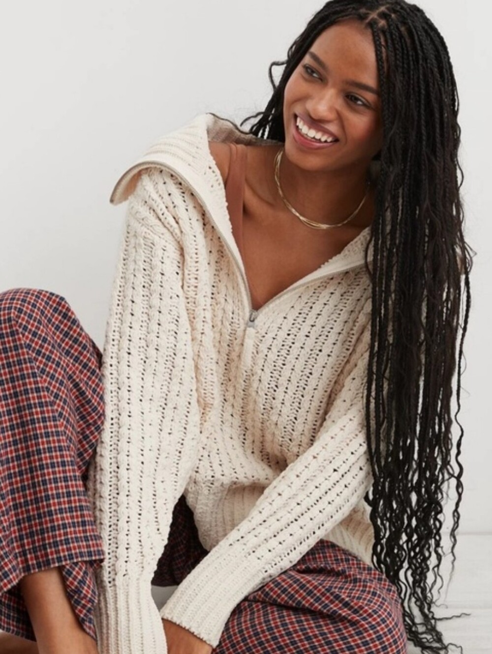 aerie Cream Cable-Knit Half-Zip Sweater
